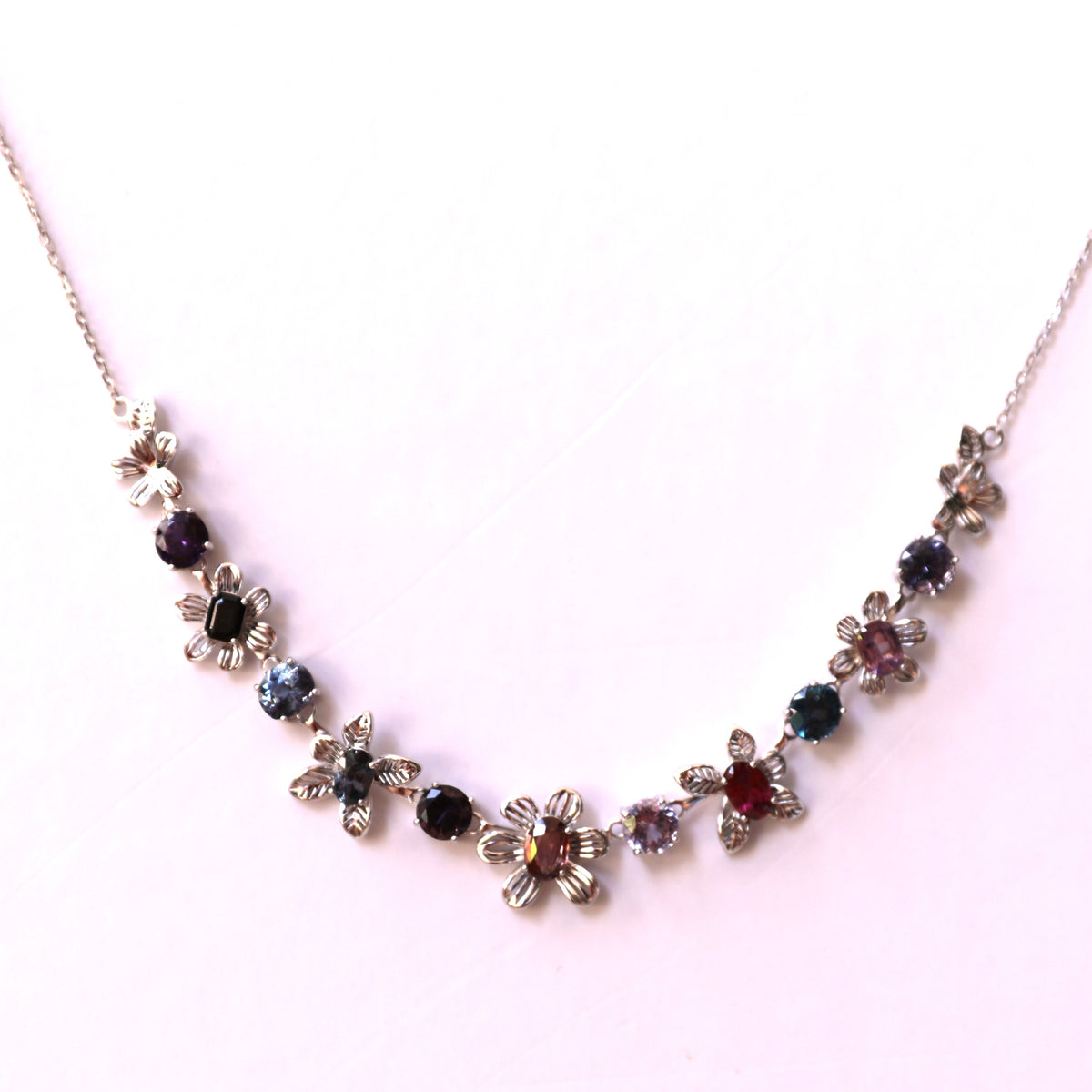 NES002~06 11-Piece Gemstone Flower Handcrafted Silver Necklace
