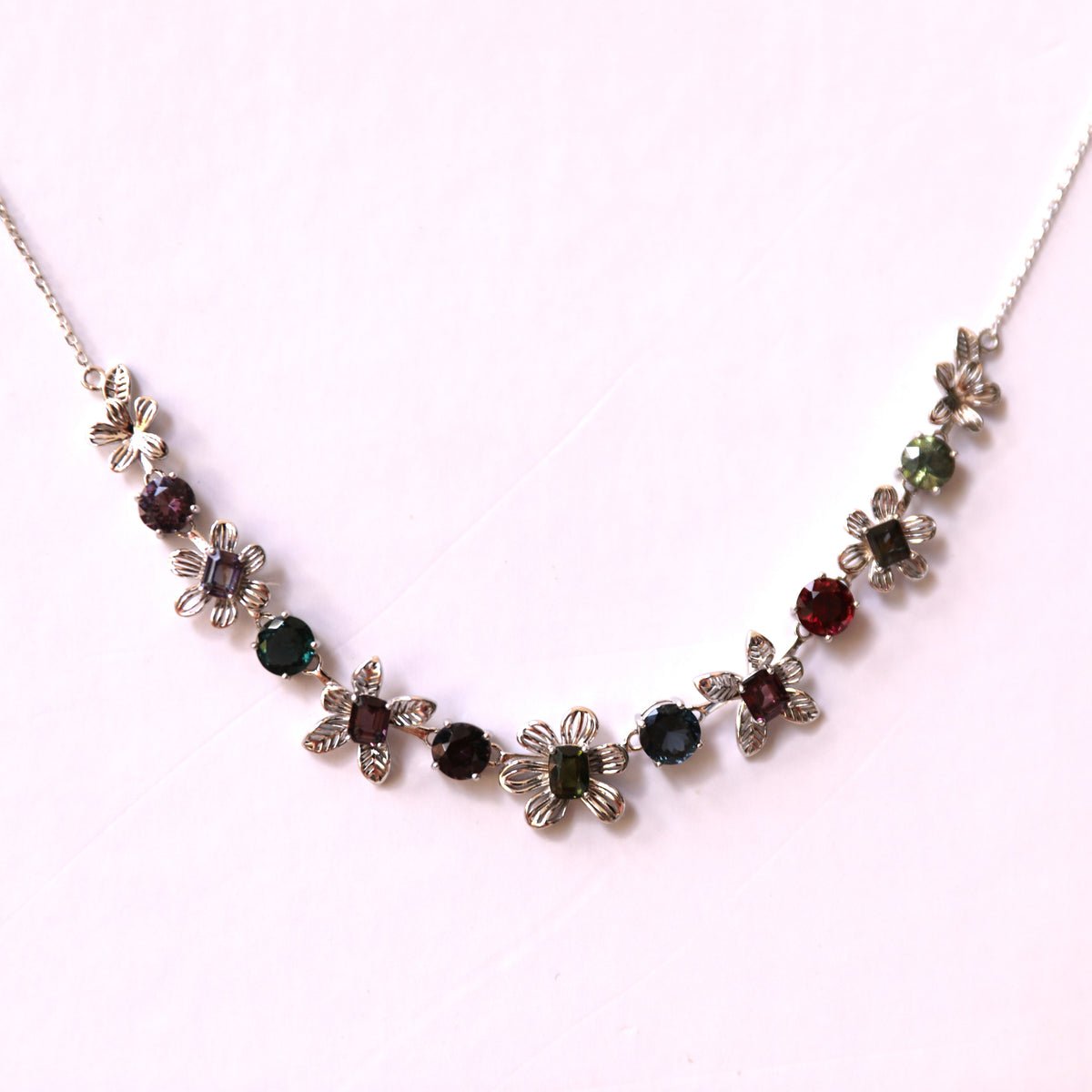 NES002~06 11-Piece Gemstone Flower Handcrafted Silver Necklace