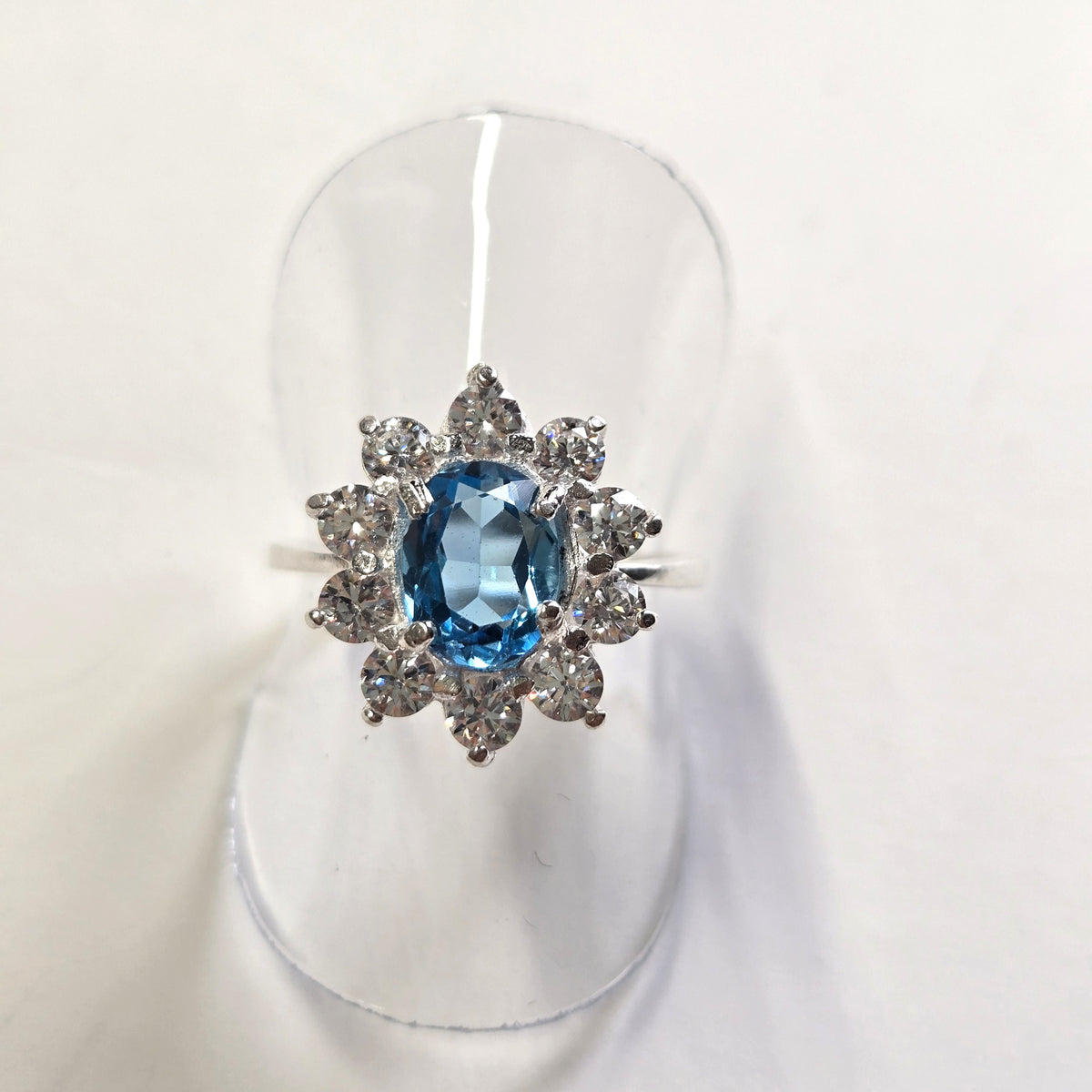 HR0001 Blue Topaz Halo Ring 925 Silver Sri Lanka Gemstone