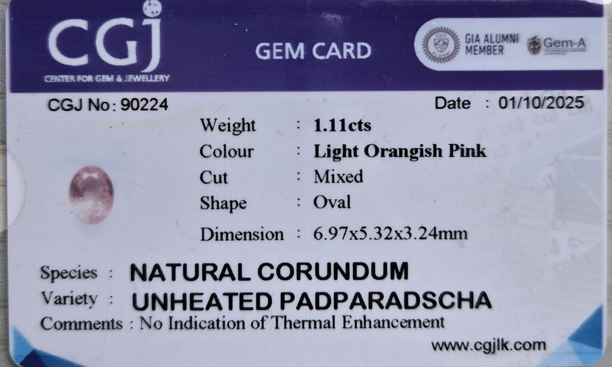 PA0001 1.1ct Natural Padparadscha Sapphire - Rare Sunset Glow