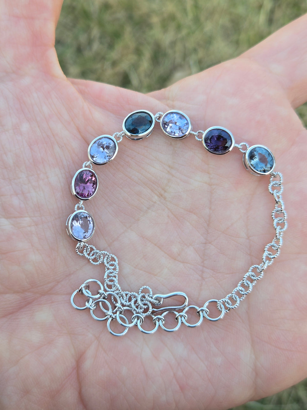 BRS007~11 Seven-Gem Multi-Stone Sterling Silver Chain Bracelet