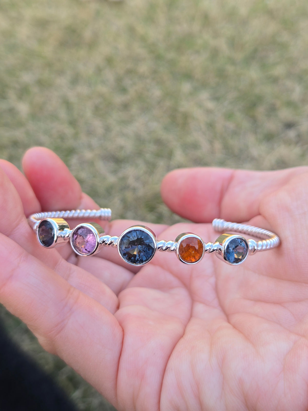 BRS001~6 Five-Gem Sterling Silver Adjustable Artisan Bangle