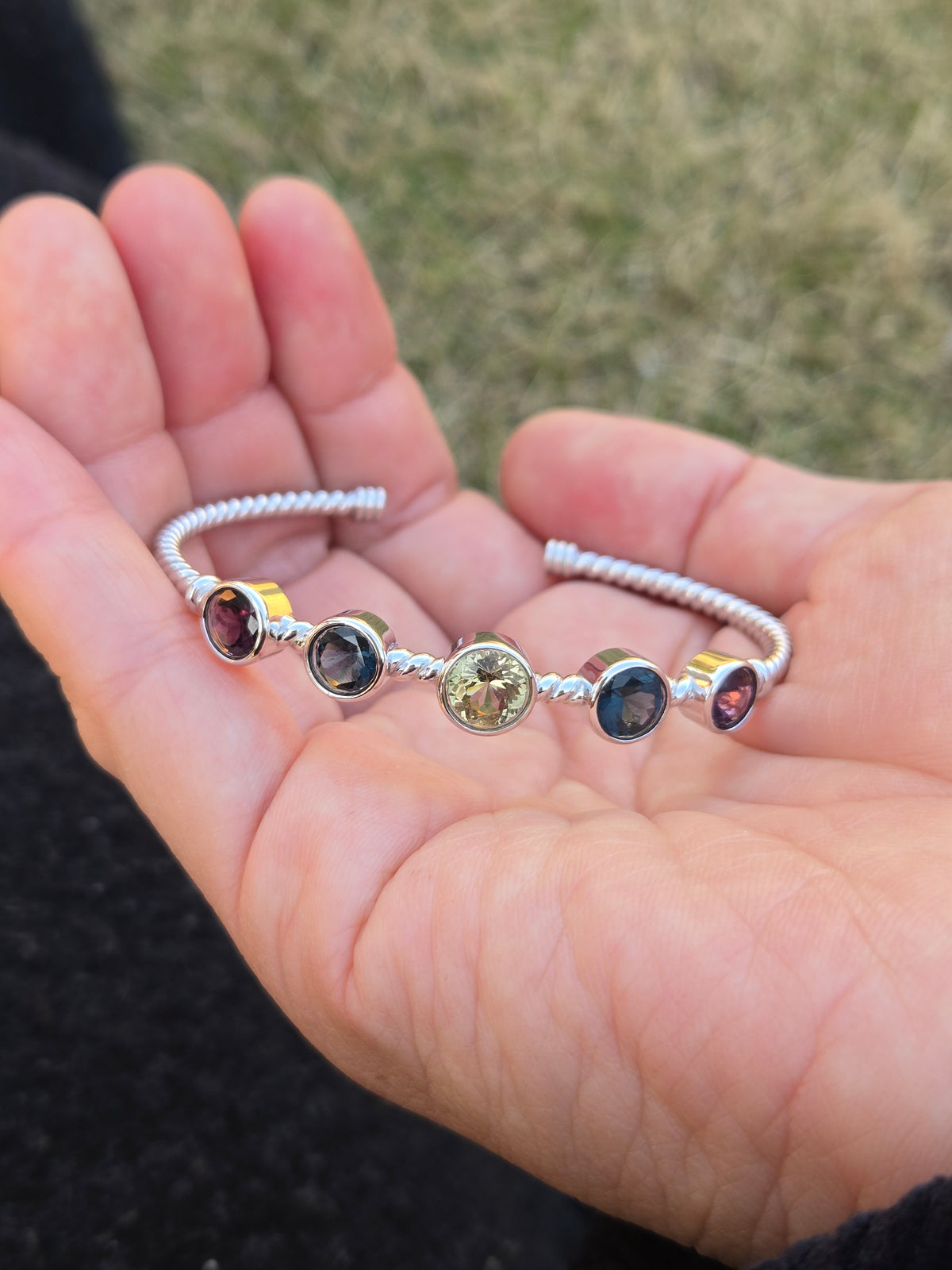 BRS001~6 Five-Gem Sterling Silver Adjustable Artisan Bangle