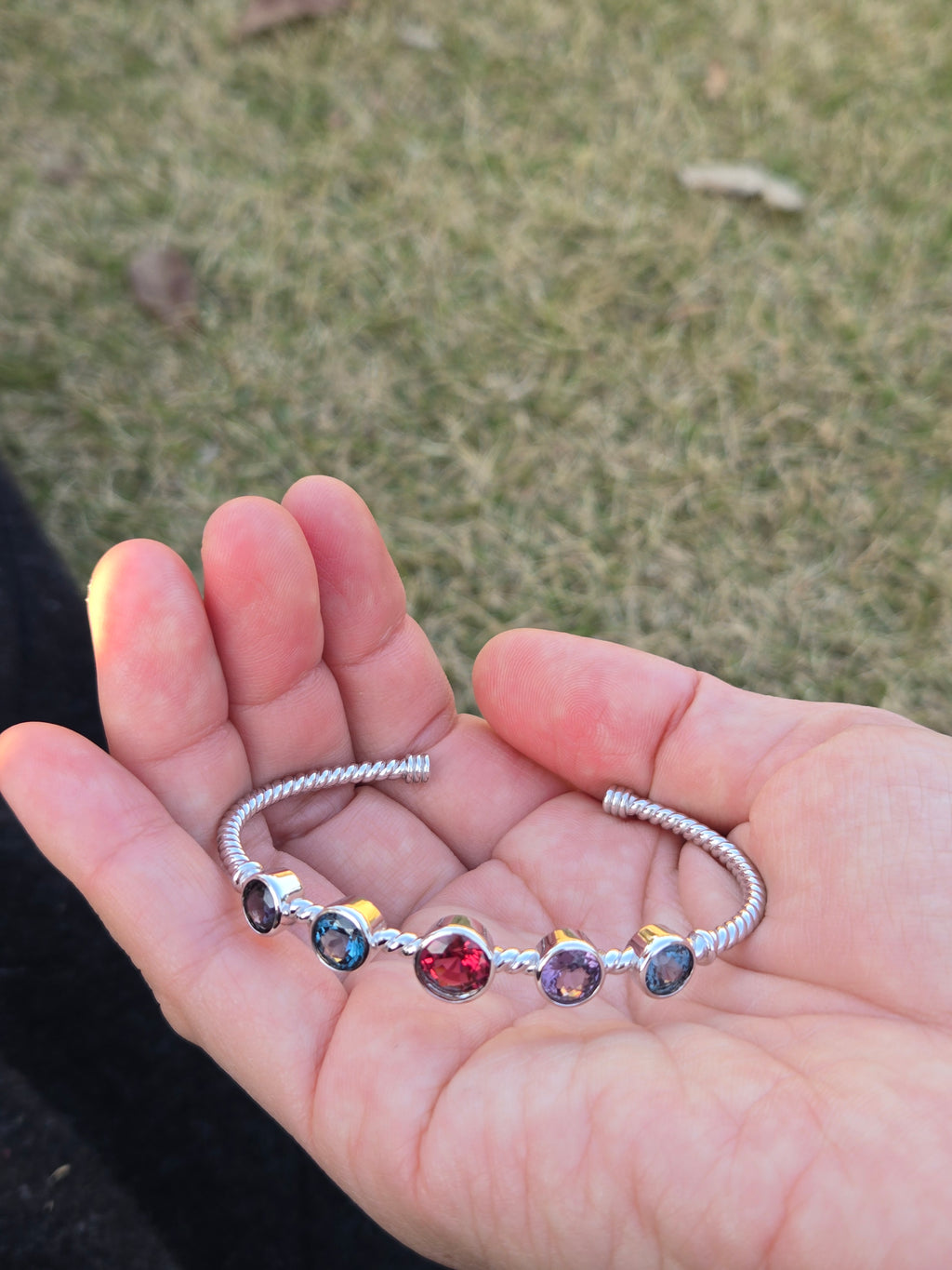 BRS001~6 Five-Gem Sterling Silver Adjustable Artisan Bangle