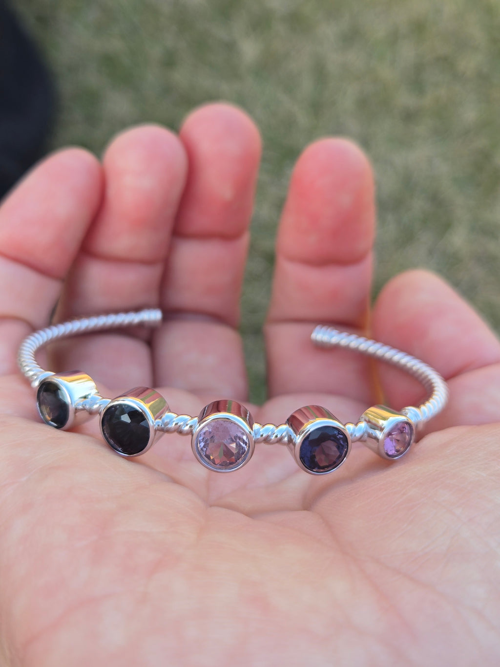 BRS001~6 Five-Gem Sterling Silver Adjustable Artisan Bangle
