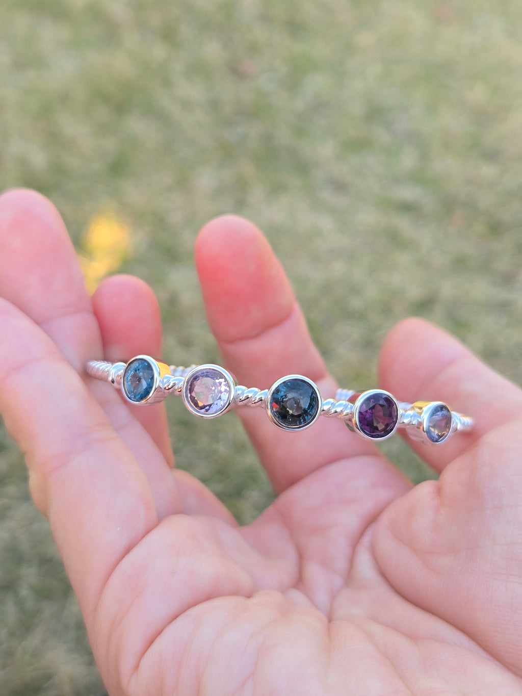 BRS001~6 Five-Gem Sterling Silver Adjustable Artisan Bangle