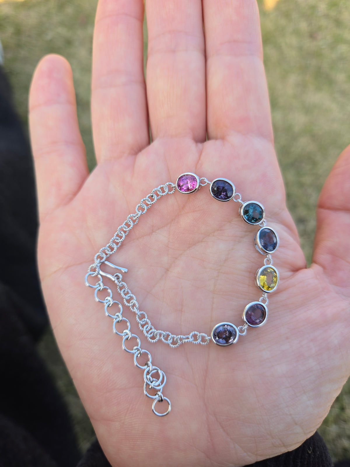 BRS007~11 Seven-Gem Multi-Stone Sterling Silver Chain Bracelet