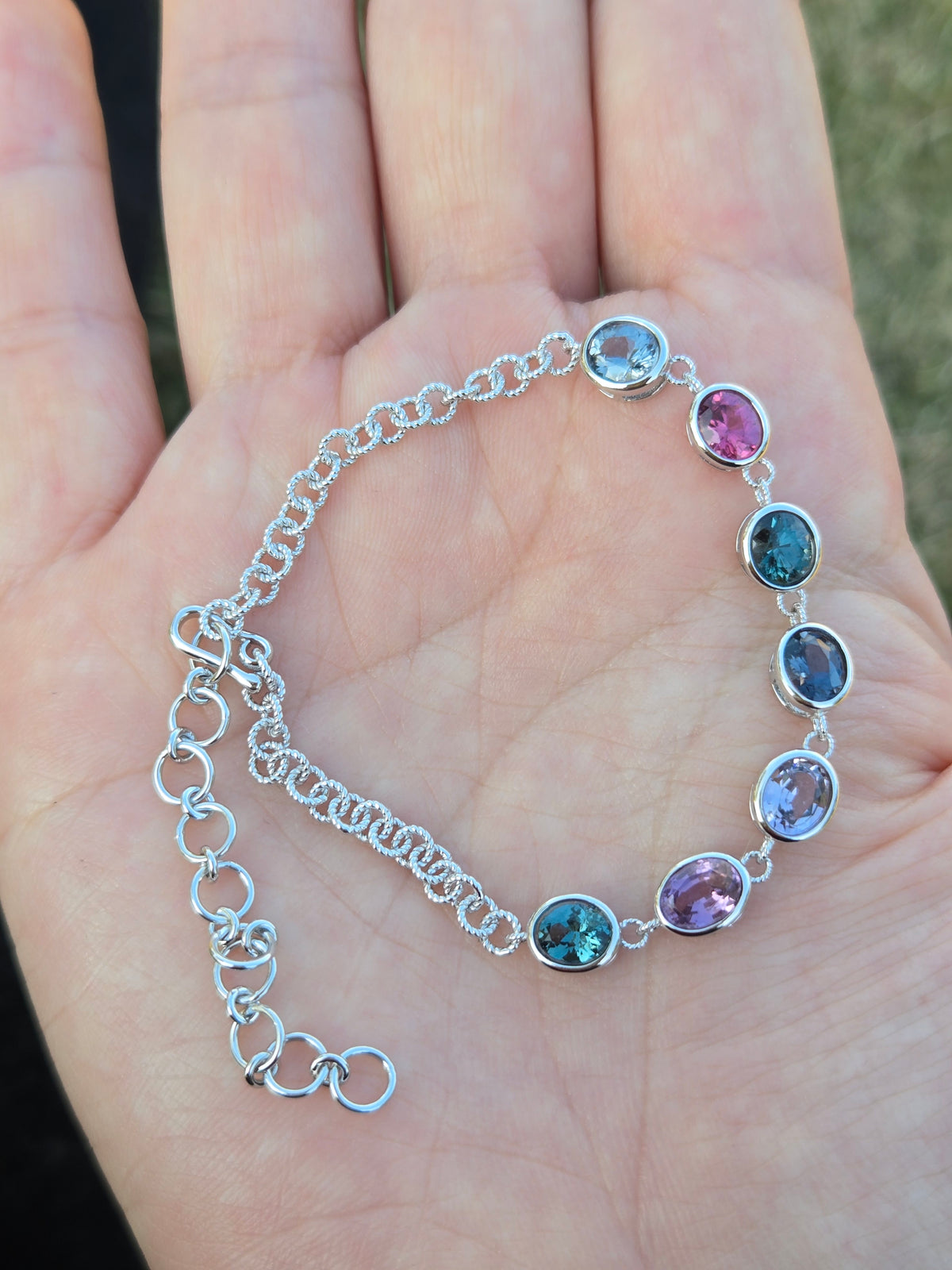 BRS007~11 Seven-Gem Multi-Stone Sterling Silver Chain Bracelet