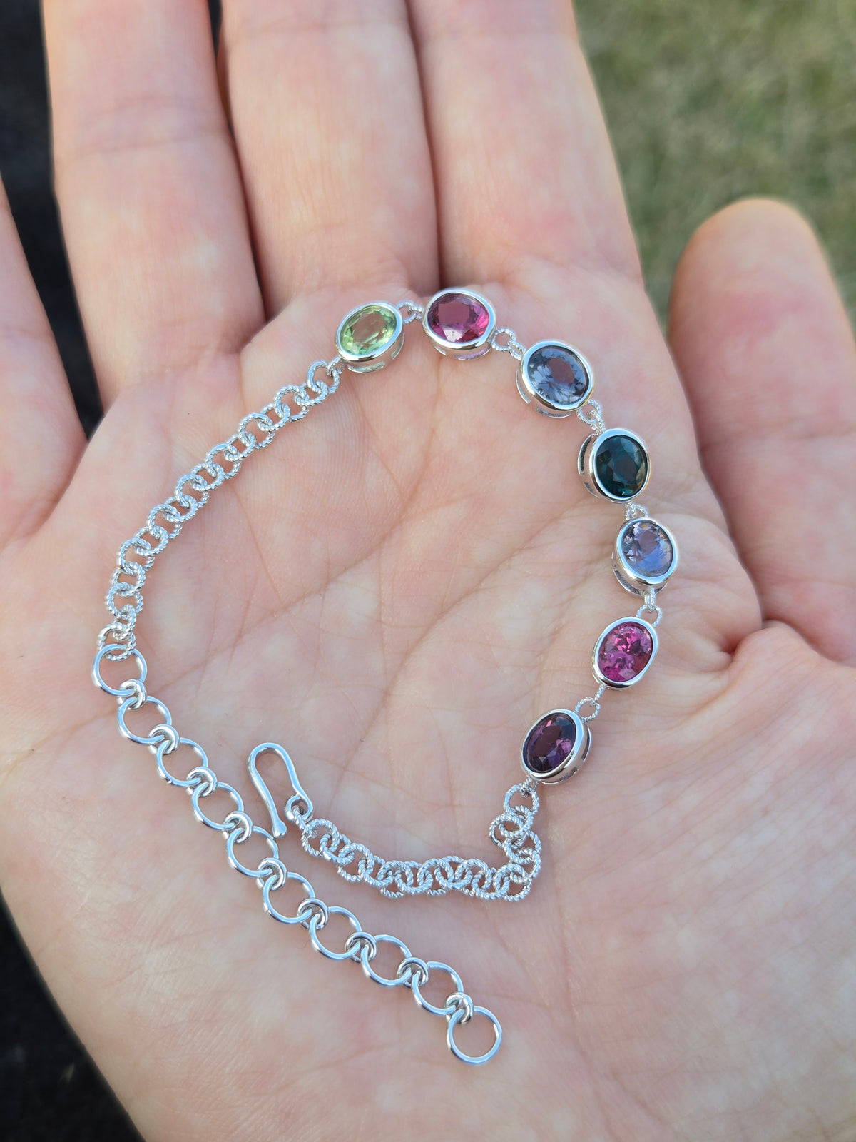BRS007~11 Seven-Gem Multi-Stone Sterling Silver Chain Bracelet