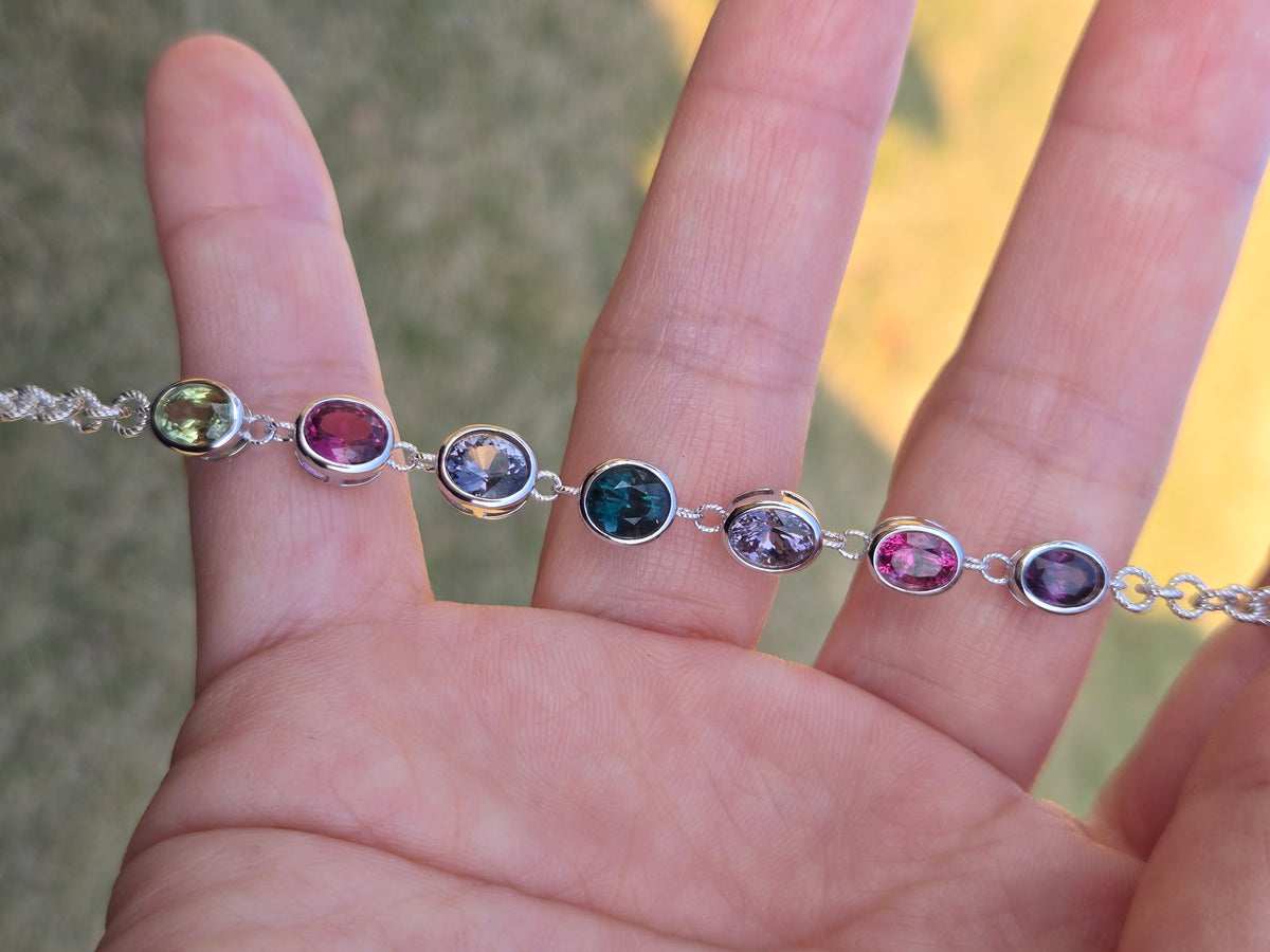 BRS007~11 Seven-Gem Multi-Stone Sterling Silver Chain Bracelet