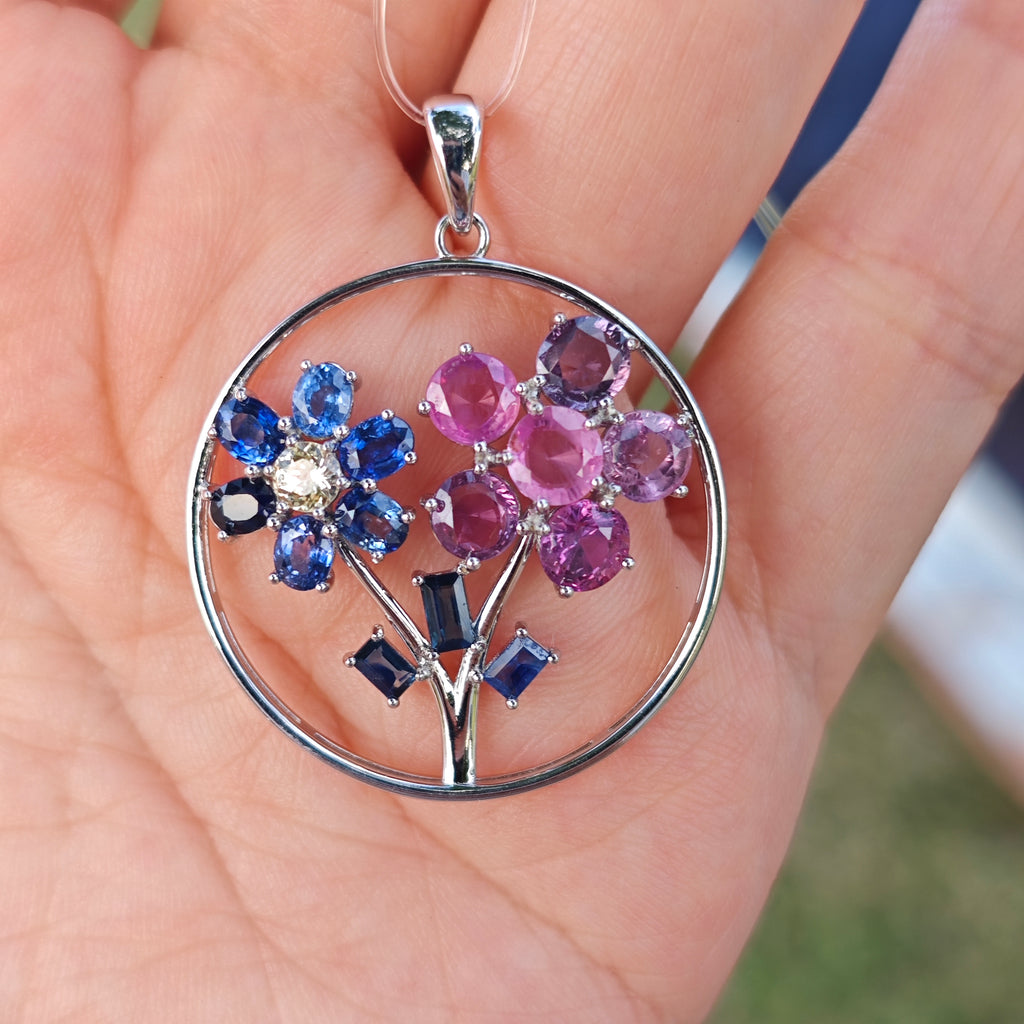 PES001~05 Silver Sapphire Double Floral Artisan Pendant