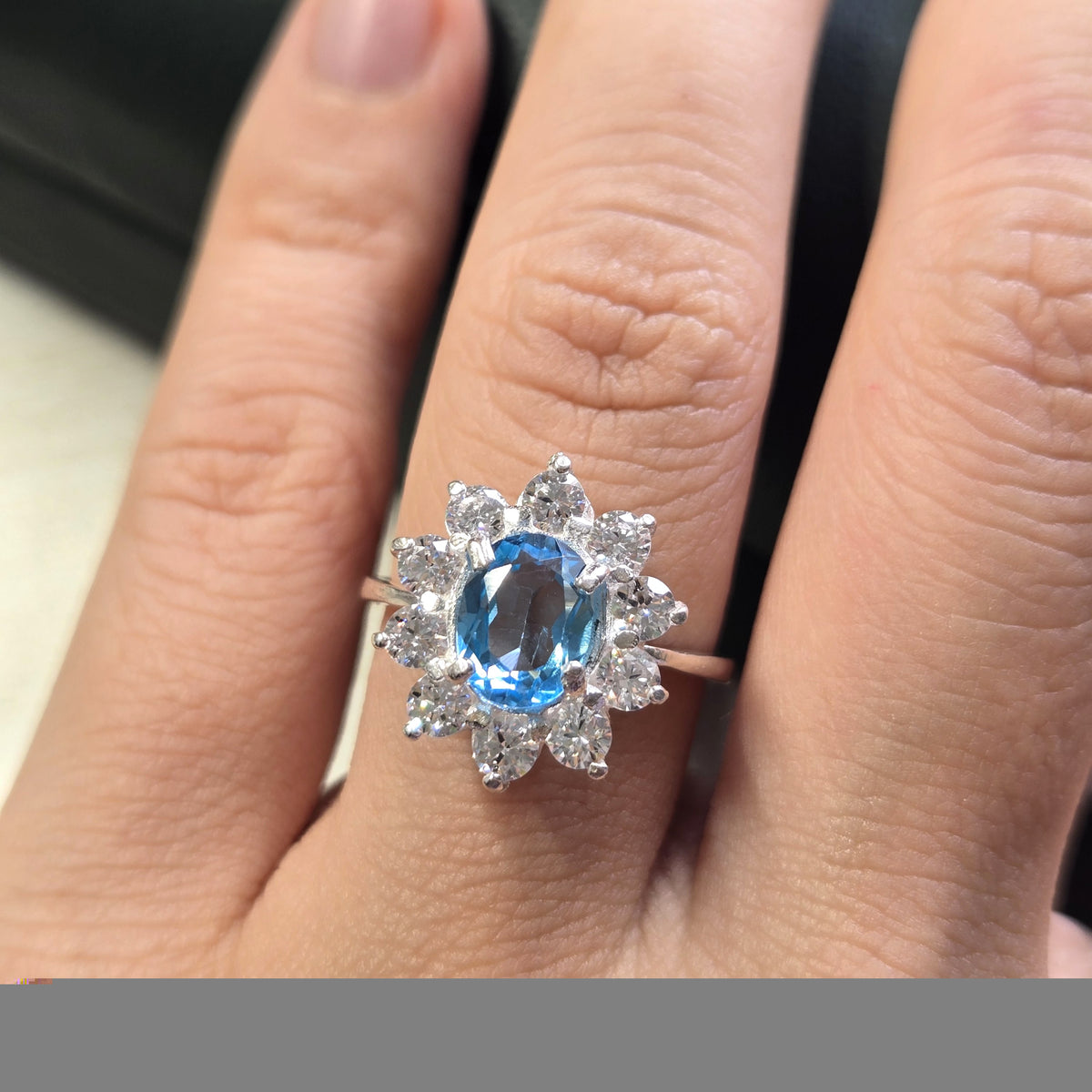 HR0001 Blue Topaz Halo Ring 925 Silver Sri Lanka Gemstone