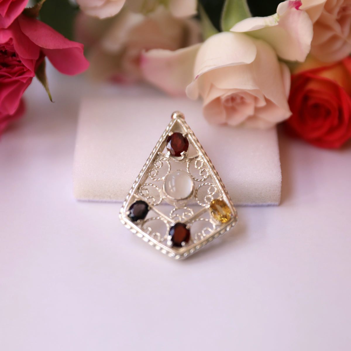 HP0004 Moonstone Shield Pendant Multi Gem Sterling Silver