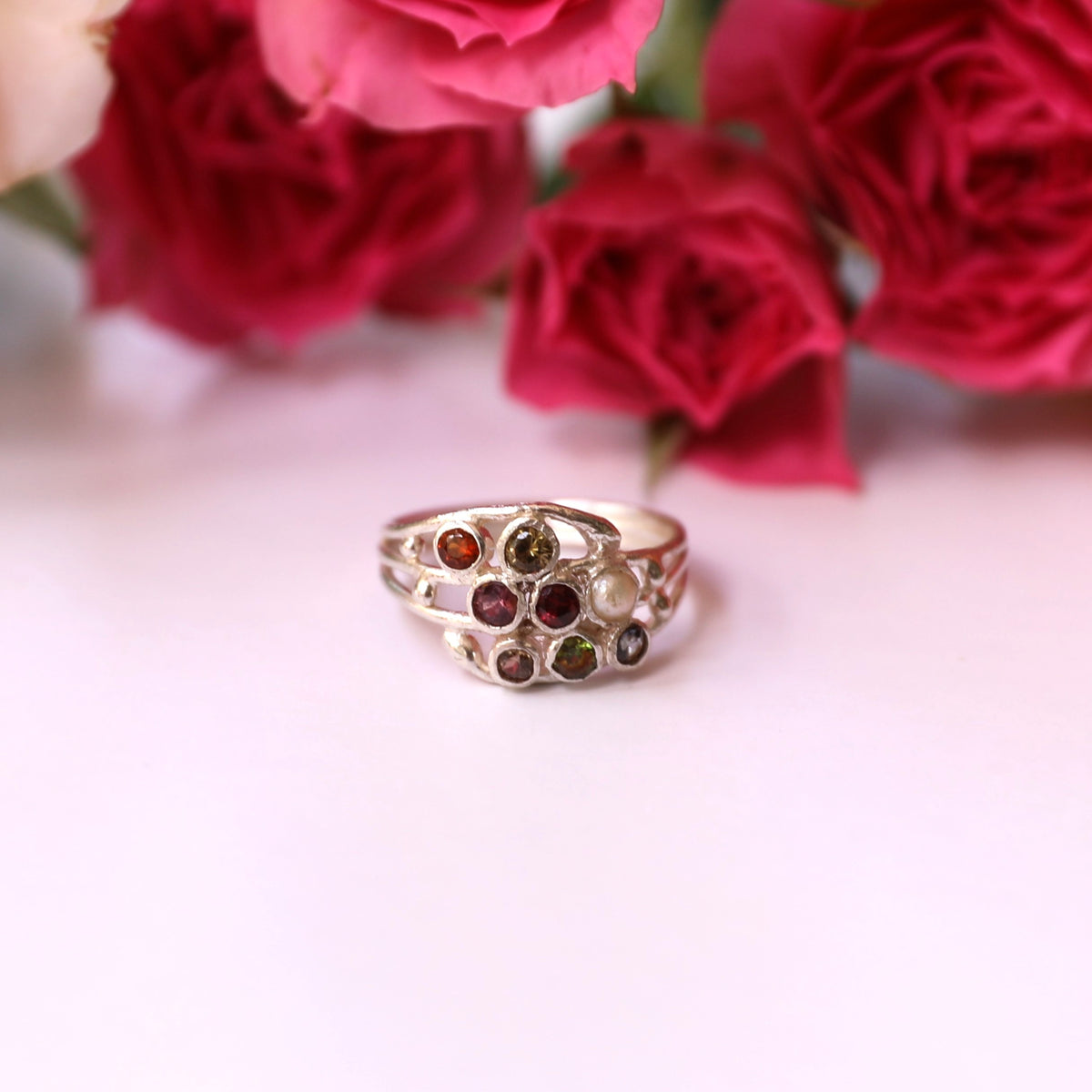 HR0013 8-Piece Organic Sapphire Cluster Ring Sri Lanka Silver