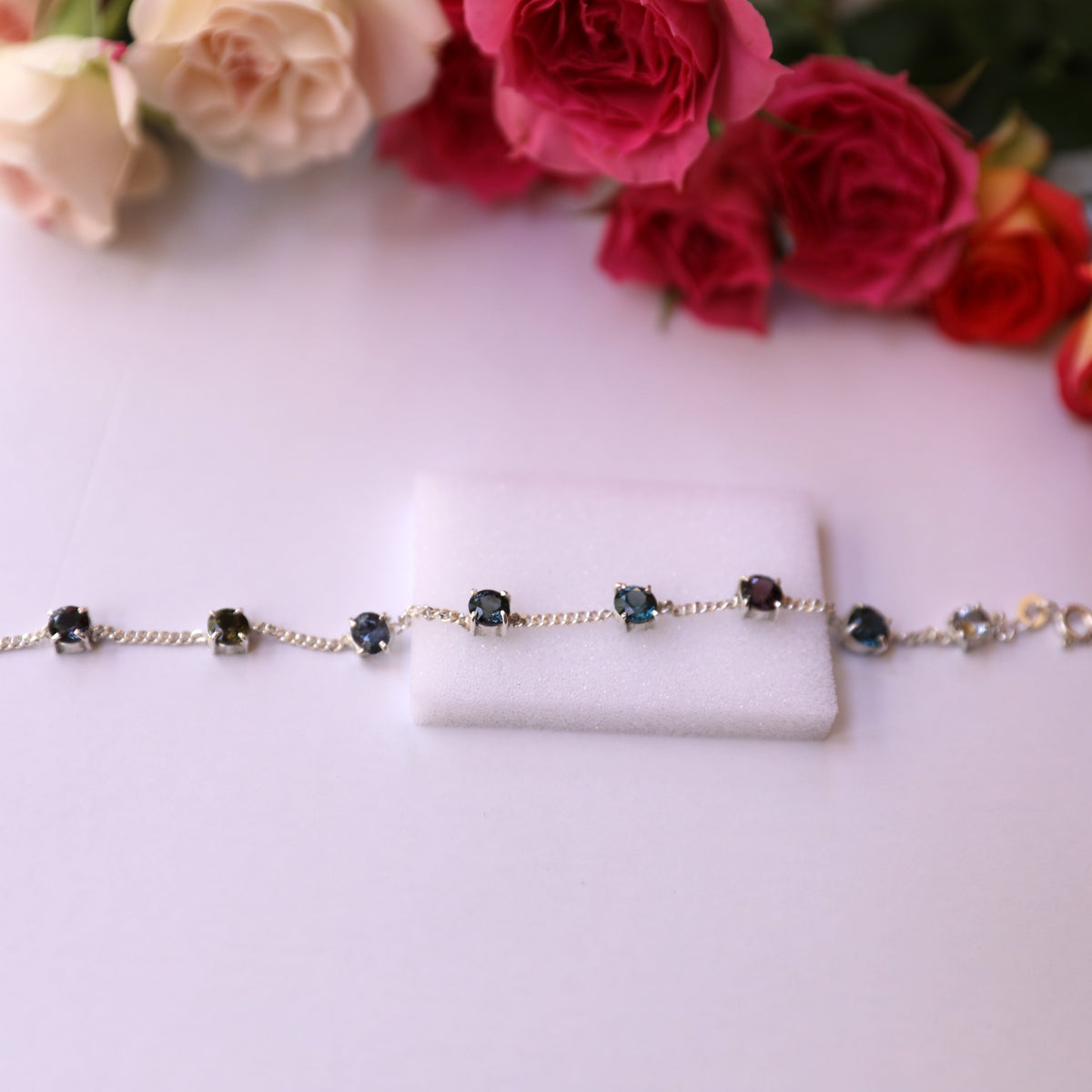 HB0005 Multi-Gemstone Zircon & Crystal Bracelet in 925 Sterling Silver (15cm)