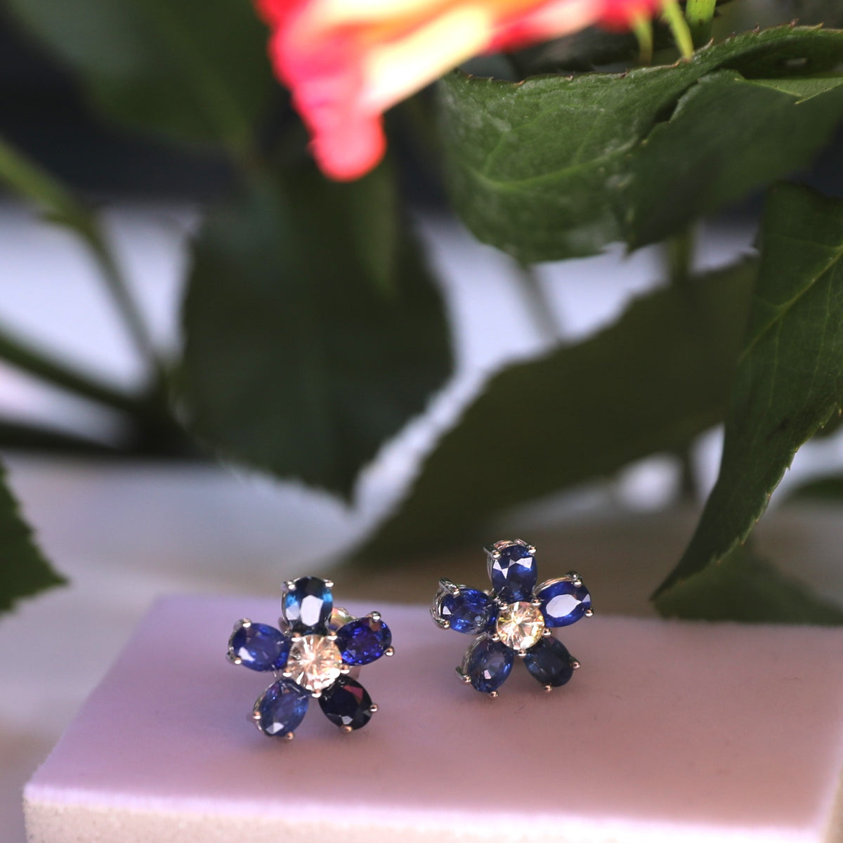 ERS001-03 6-Piece Sapphire Flower Handcrafted Silver Earrings