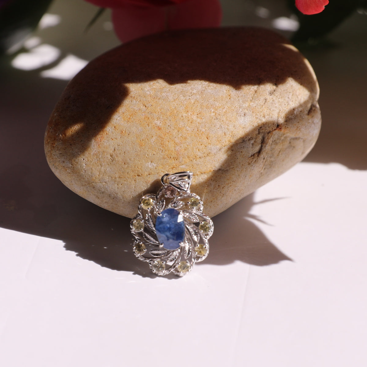 PES014~18 Elegant Halo Natural Sapphire Pendant in 925 Silver
