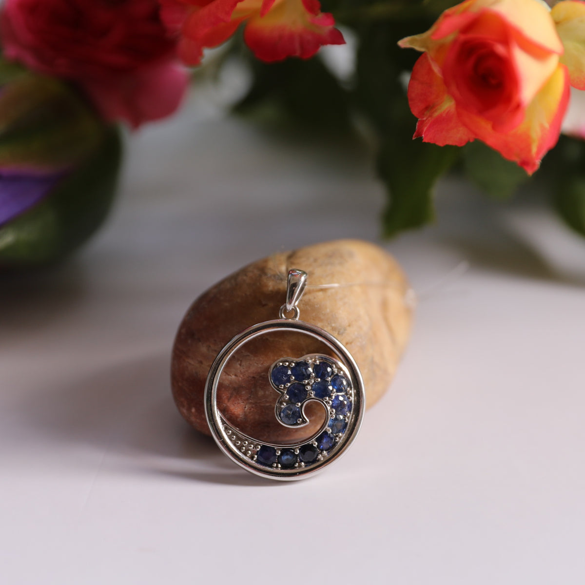 PES010~13 Sterling Silver Sapphire "Ocean Wave" Pendant