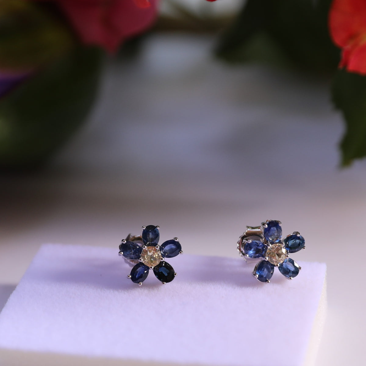 ERS001-03 6-Piece Sapphire Flower Handcrafted Silver Earrings