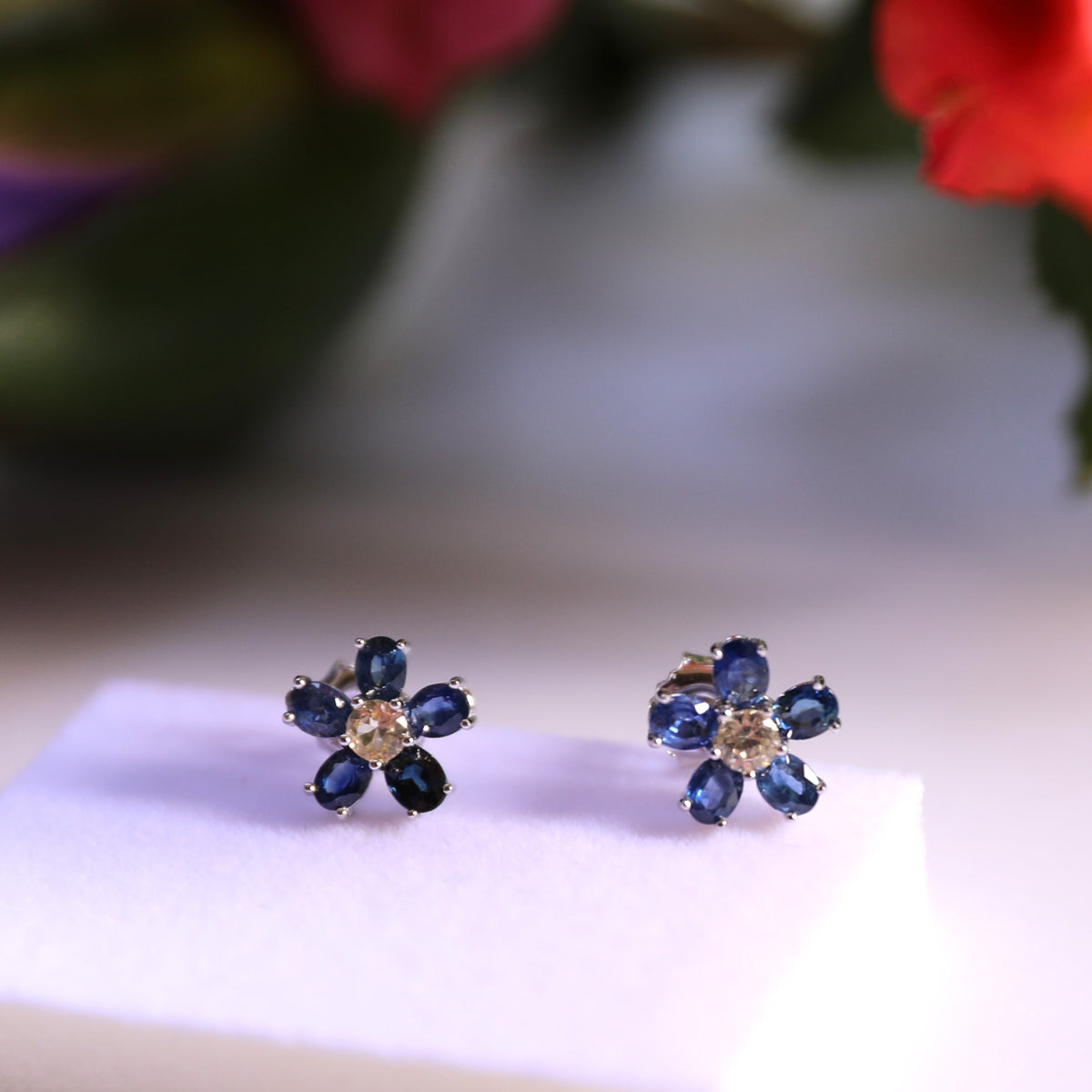 ERS001-03 6-Piece Sapphire Flower Handcrafted Silver Earrings