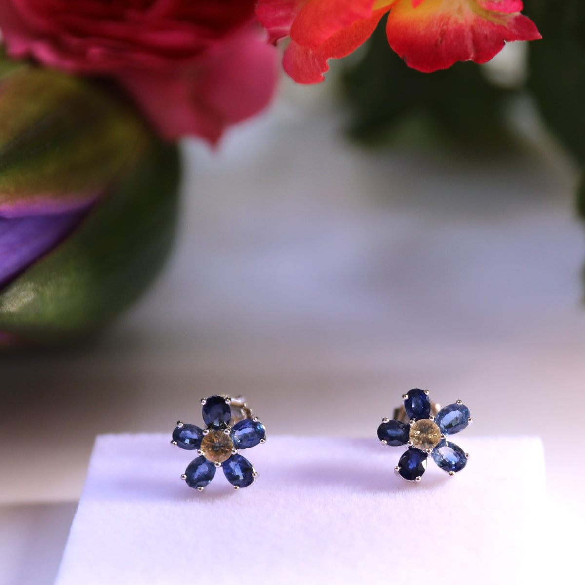 ERS001-03 6-Piece Sapphire Flower Handcrafted Silver Earrings