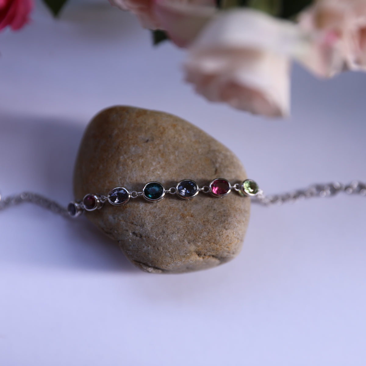 BRS007~11 Seven-Gem Multi-Stone Sterling Silver Chain Bracelet