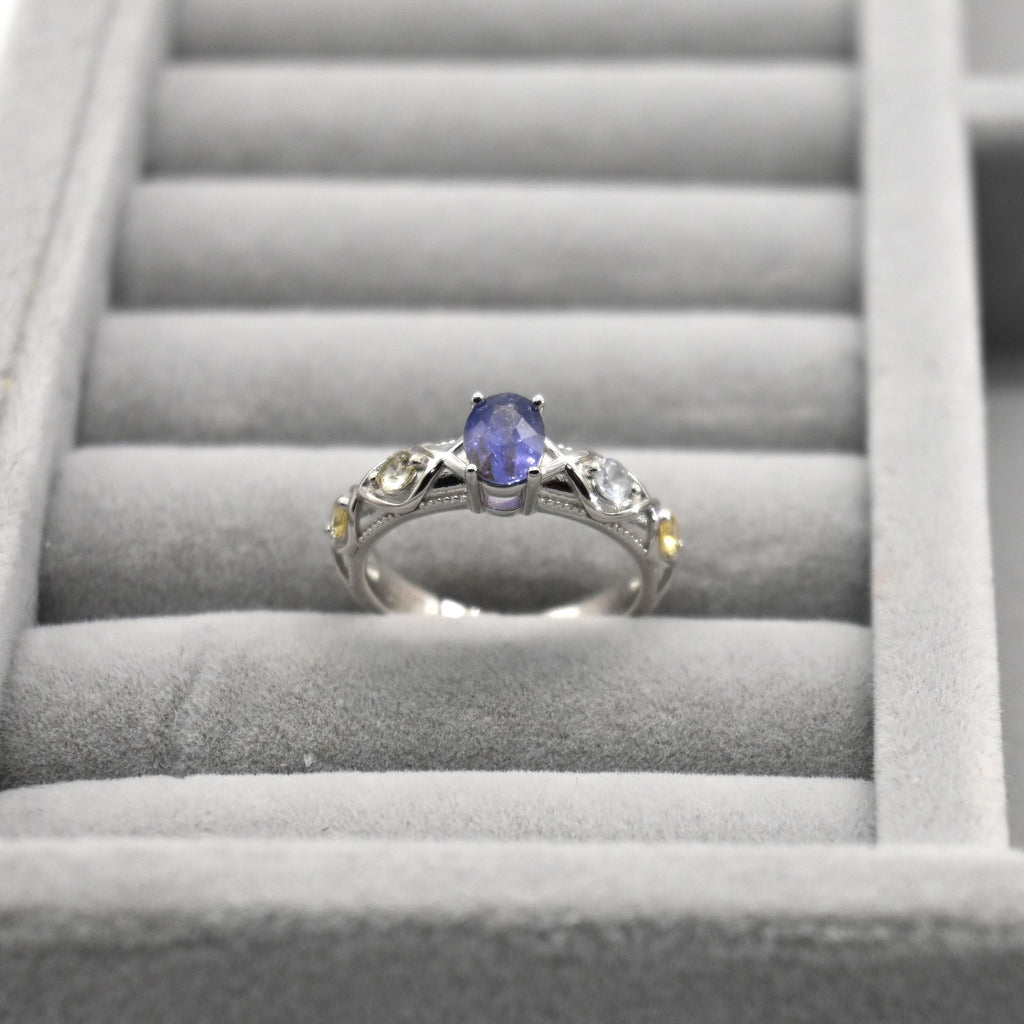 RIS001-07 5-Piece Sapphire 11# Adjustable Silver Cluster Ring