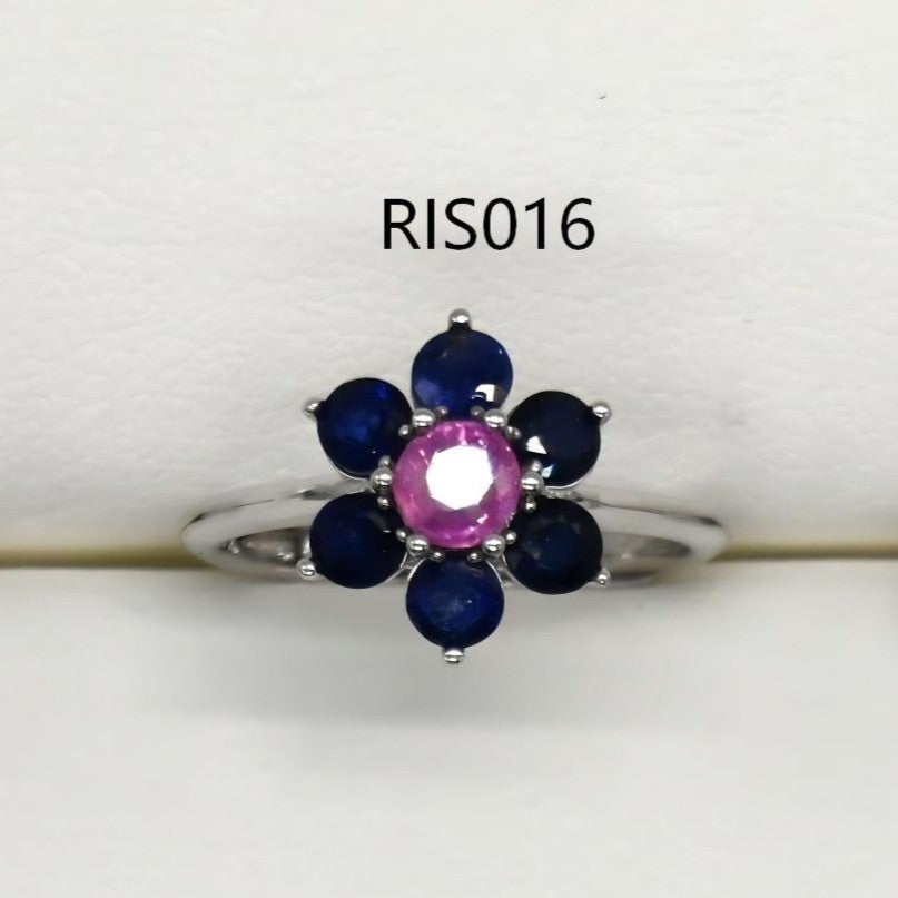 RIS015-21 7-Piece Sapphire Flower Shape 11# Adjustable Silver Ring