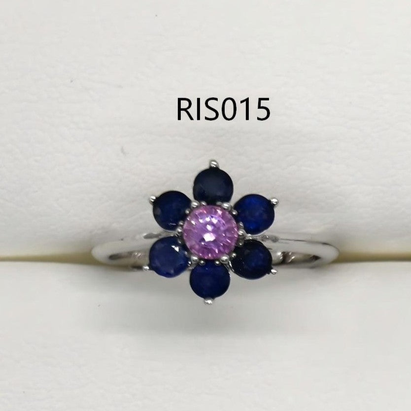 RIS015-21 7-Piece Sapphire Flower Shape 11# Adjustable Silver Ring