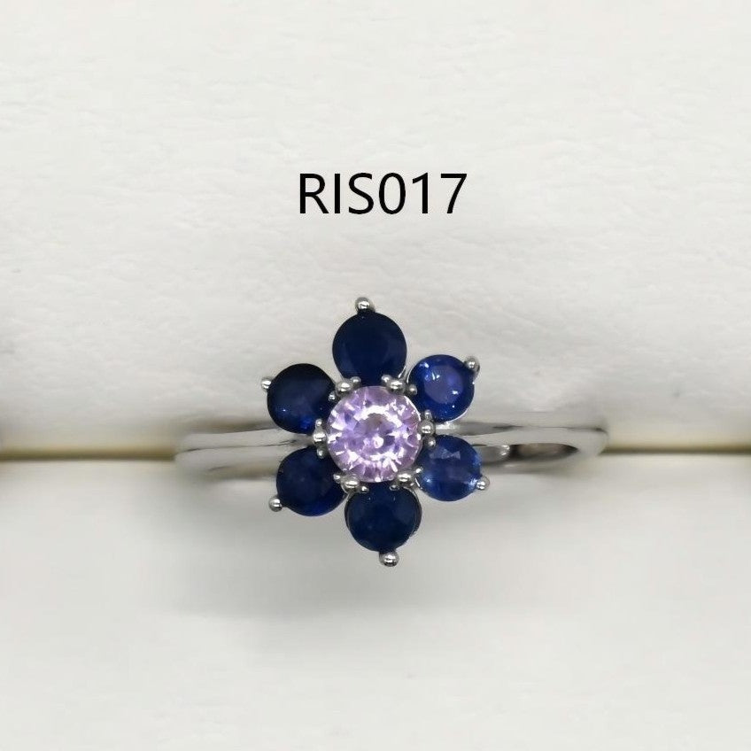 RIS015-21 7-Piece Sapphire Flower Shape 11# Adjustable Silver Ring