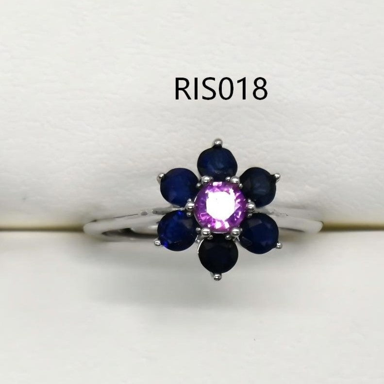 RIS015-21 7-Piece Sapphire Flower Shape 11# Adjustable Silver Ring