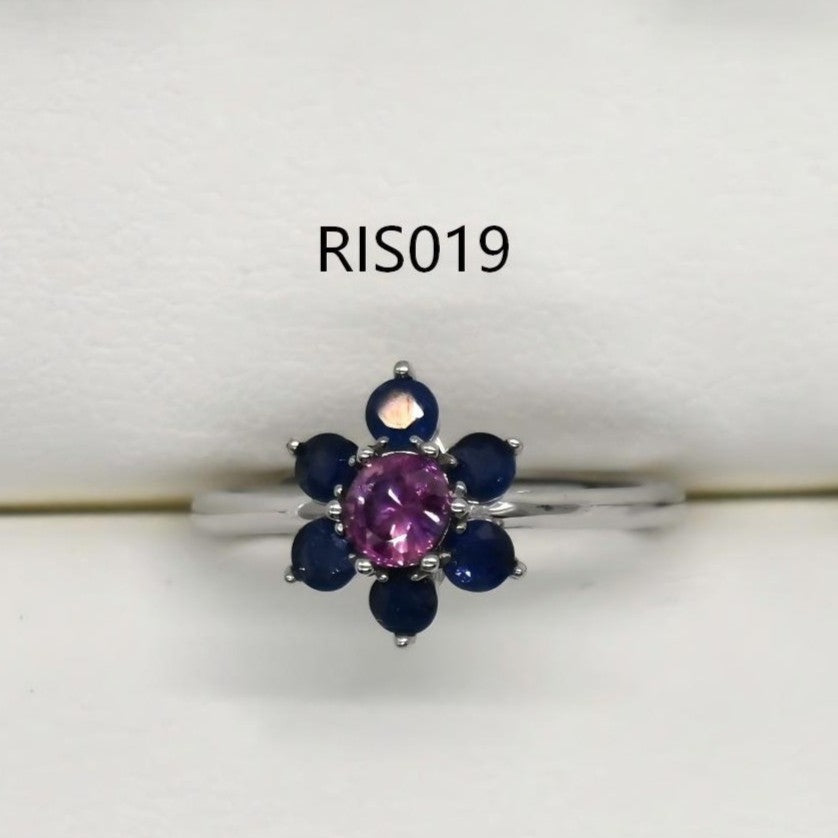 RIS015-21 7-Piece Sapphire Flower Shape 11# Adjustable Silver Ring