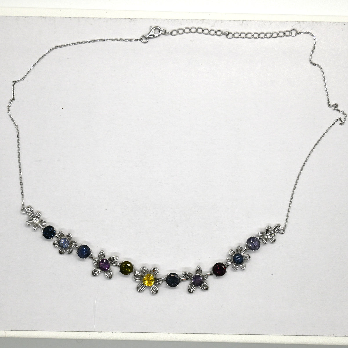 NES002~06 11-Piece Gemstone Flower Handcrafted Silver Necklace