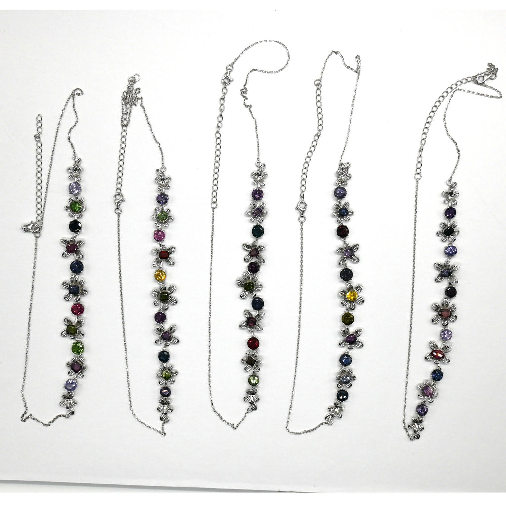 NES002~06 11-Piece Gemstone Flower Handcrafted Silver Necklace