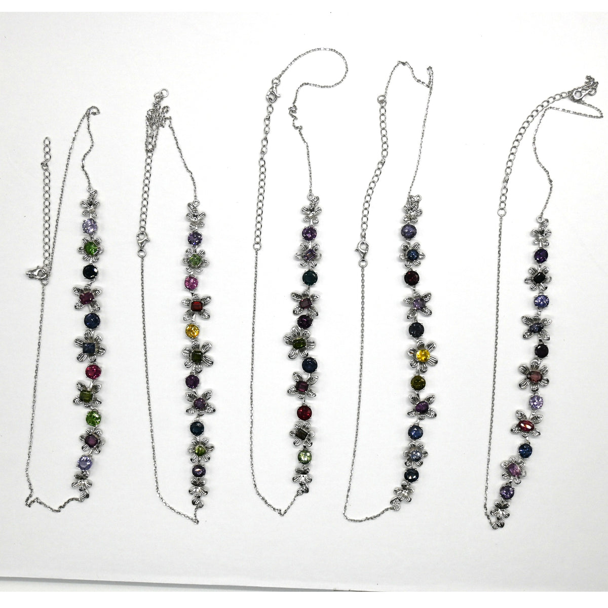 NES002~06 11-Piece Gemstone Flower Handcrafted Silver Necklace