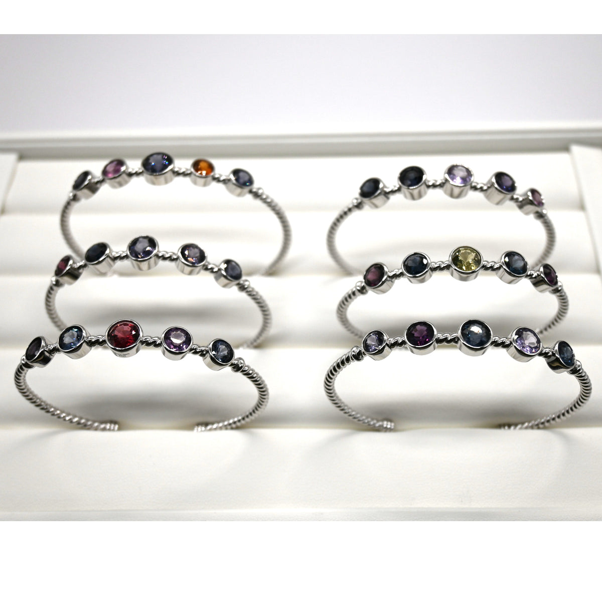 BRS001~6 Five-Gem Sterling Silver Adjustable Artisan Bangle
