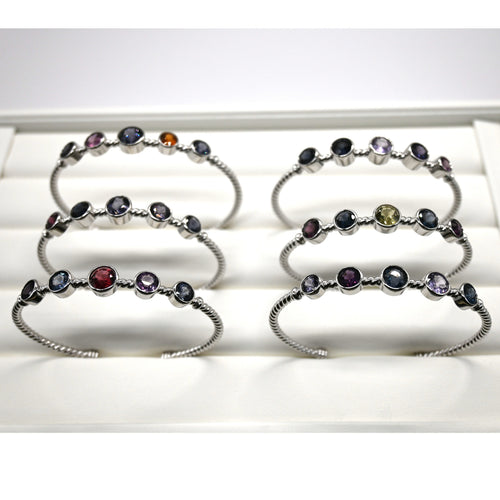BRS001~6 Five-Gem Sterling Silver Adjustable Artisan Bangle