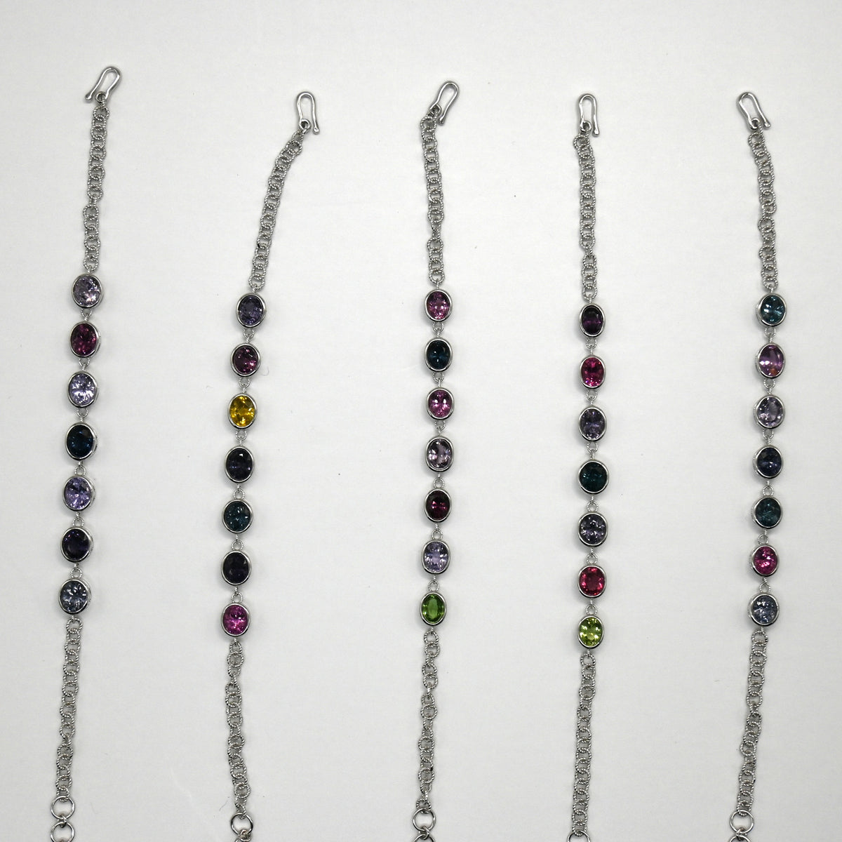 BRS007~11 Seven-Gem Multi-Stone Sterling Silver Chain Bracelet