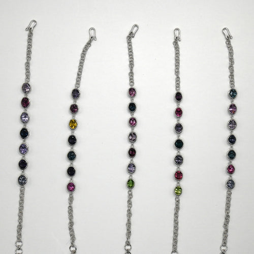 BRS007~11 Seven-Gem Multi-Stone Sterling Silver Chain Bracelet