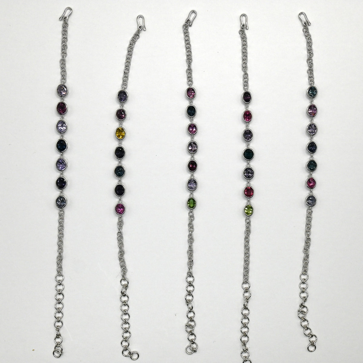 BRS007~11 Seven-Gem Multi-Stone Sterling Silver Chain Bracelet