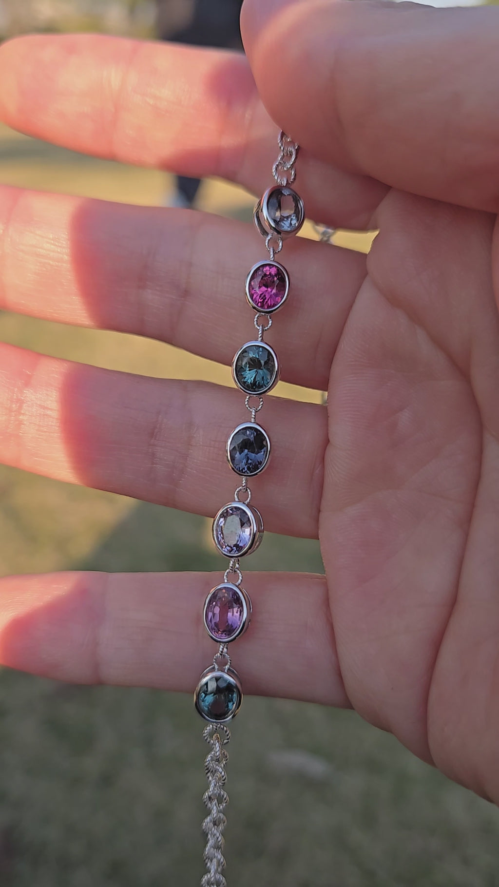 BRS007~11 Seven-Gem Multi-Stone Sterling Silver Chain Bracelet