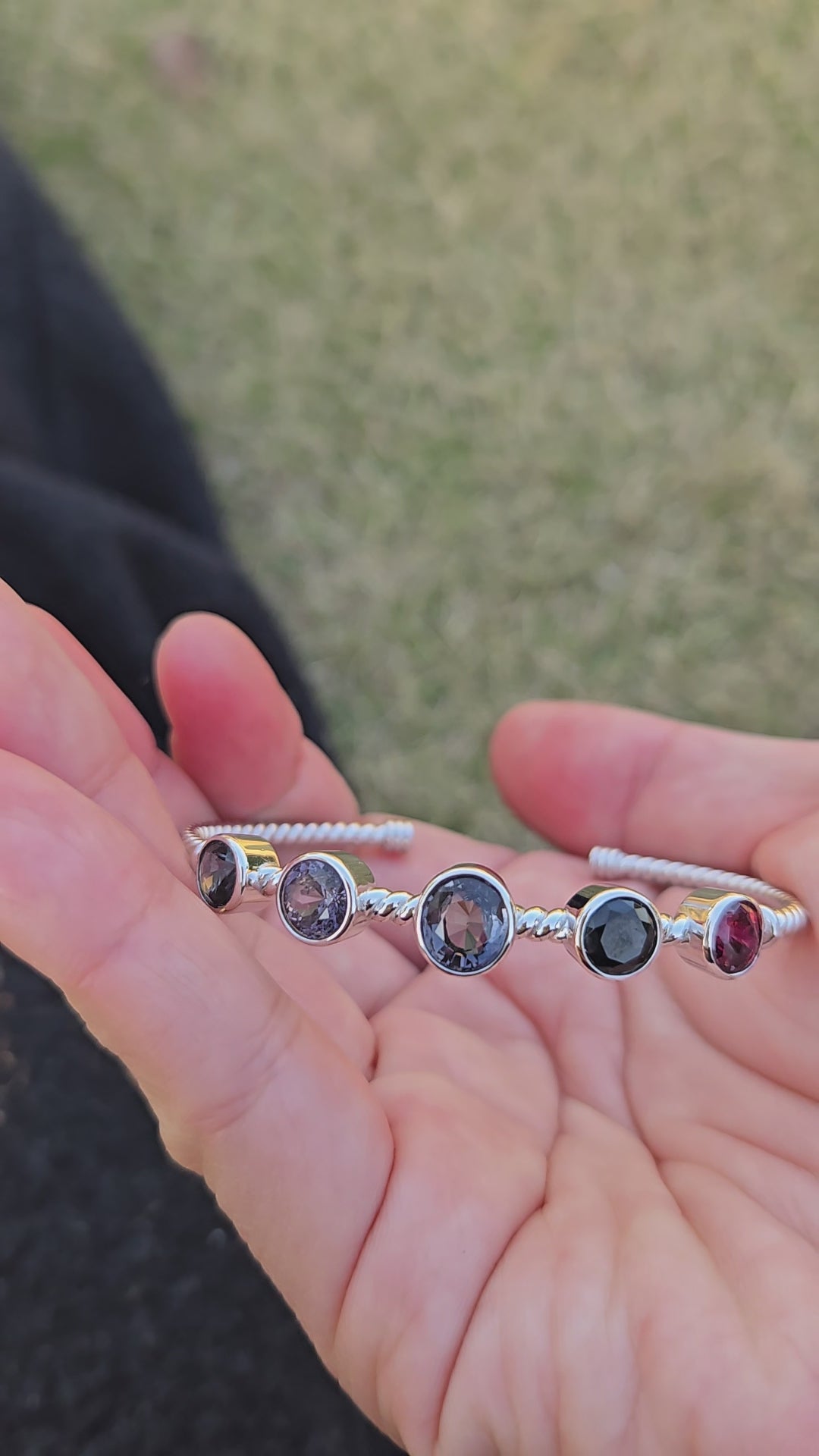 BRS001~6 Five-Gem Sterling Silver Adjustable Artisan Bangle