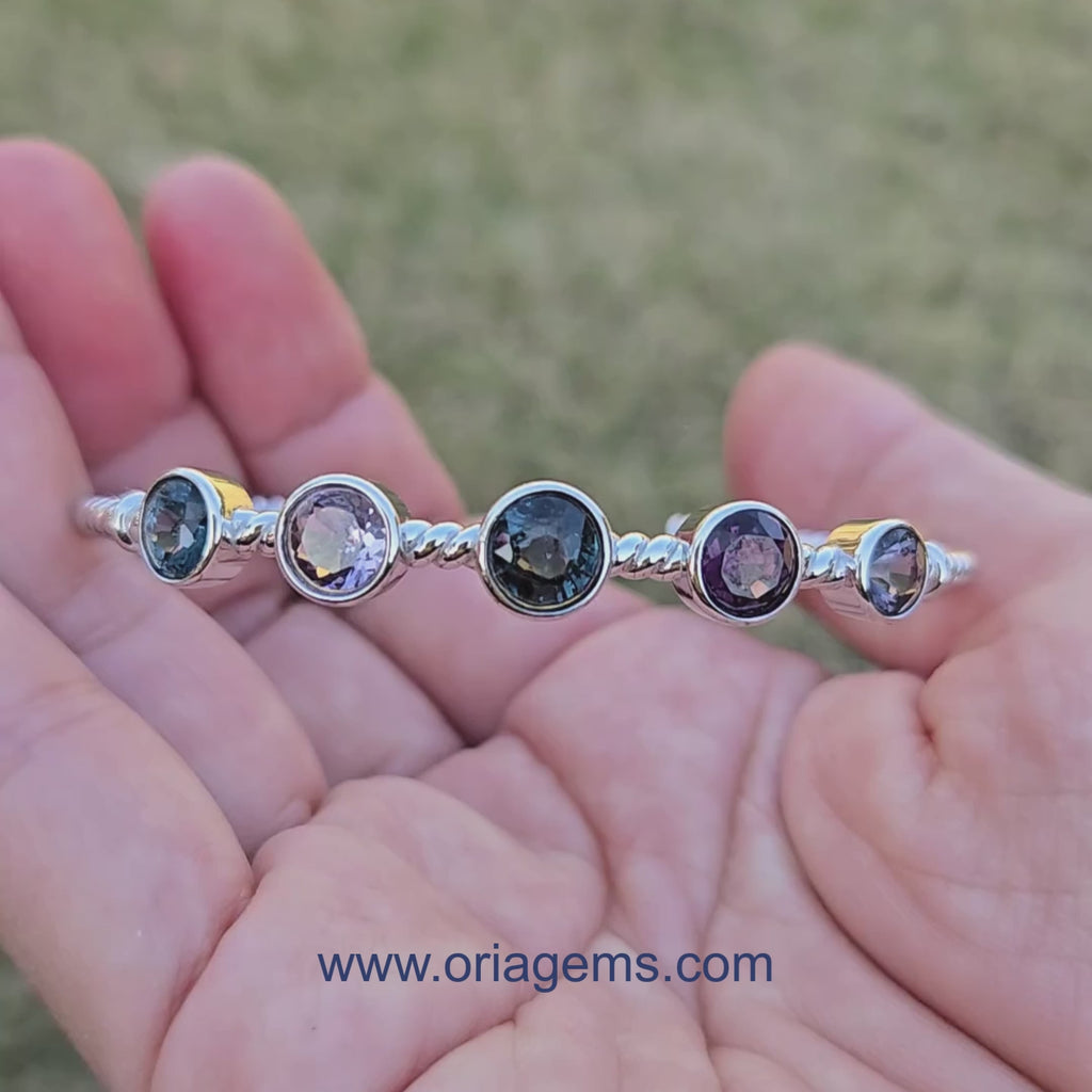 BRS001~6 Five-Gem Sterling Silver Adjustable Artisan Bangle