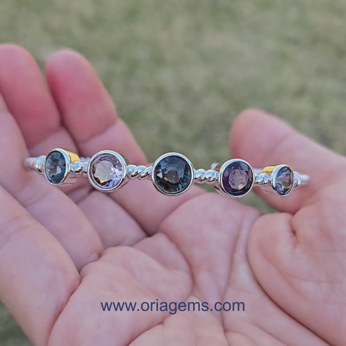 BRS001~6 Five-Gem Sterling Silver Adjustable Artisan Bangle