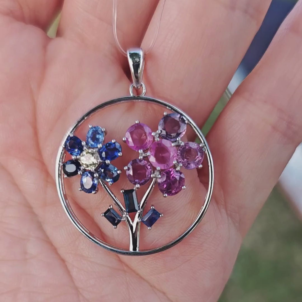 PES001~05 Silver Sapphire Double Floral Artisan Pendant