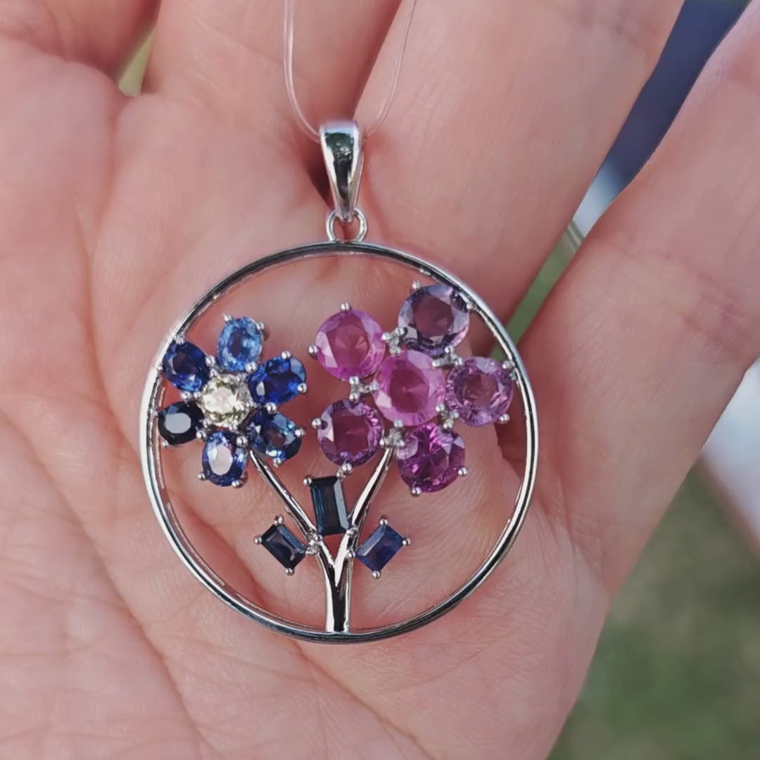 PES001~05 Silver Sapphire Double Floral Artisan Pendant
