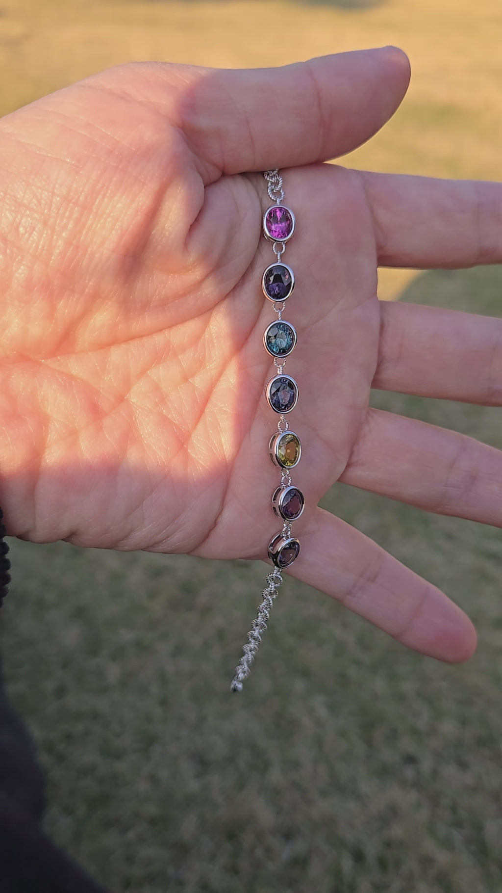 BRS007~11 Seven-Gem Multi-Stone Sterling Silver Chain Bracelet