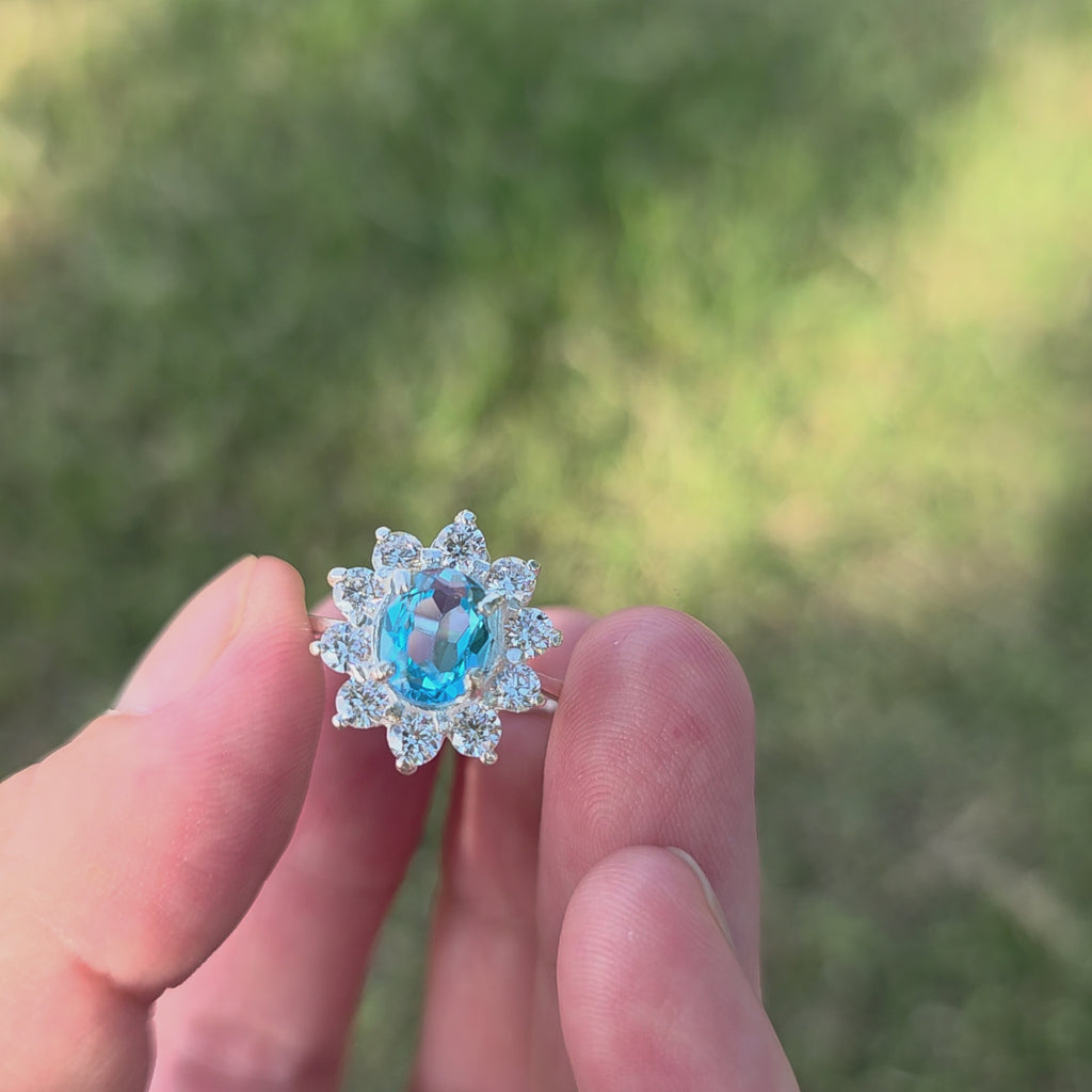 HR0001 Blue Topaz Halo Ring 925 Silver Sri Lanka Gemstone