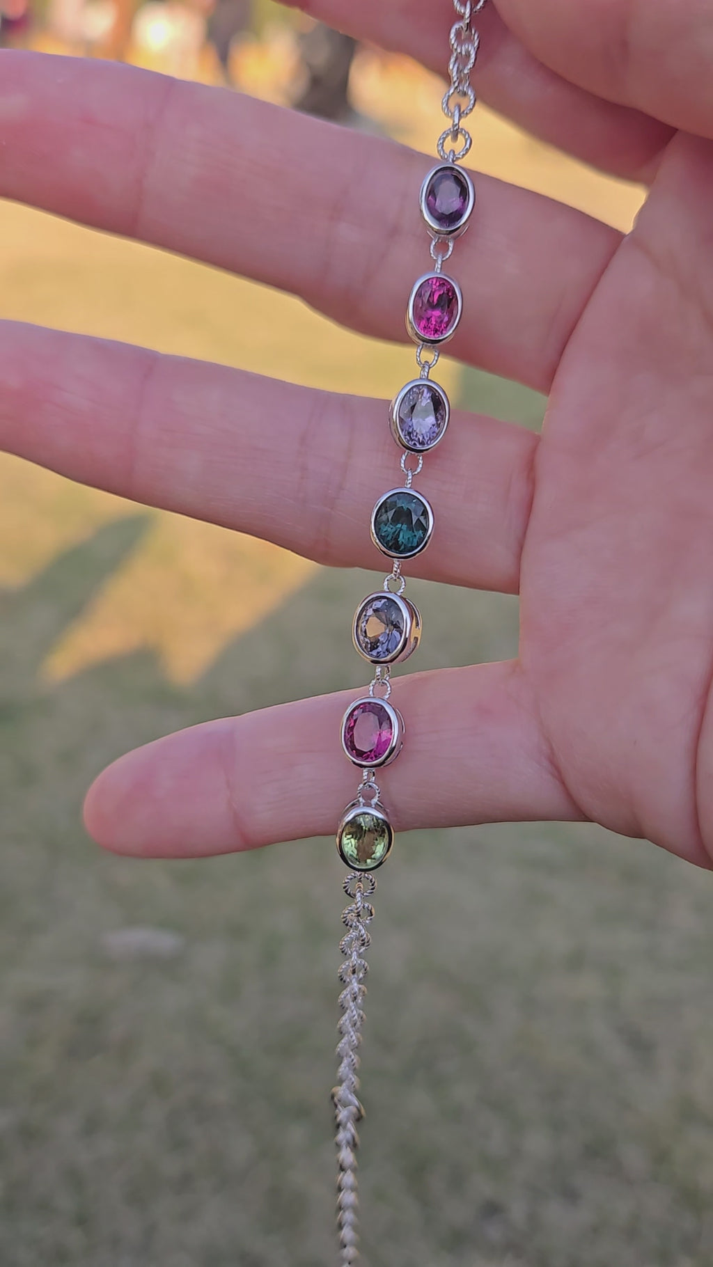 BRS007~11 Seven-Gem Multi-Stone Sterling Silver Chain Bracelet