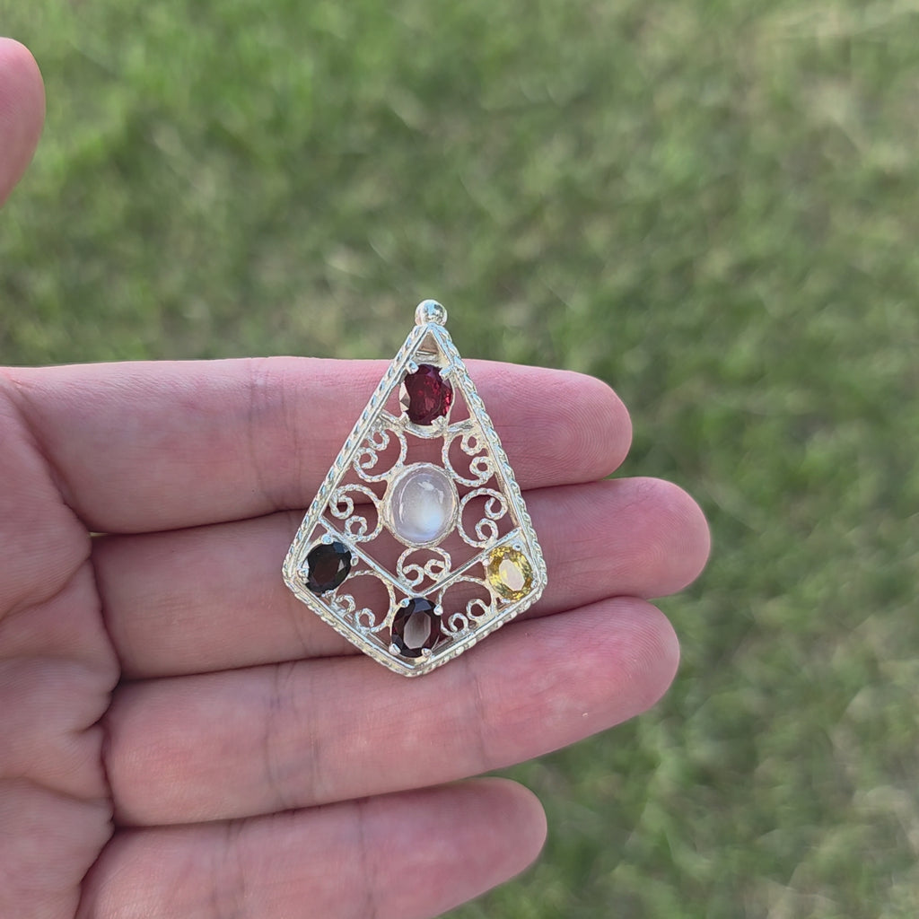 HP0004 Moonstone Shield Pendant Multi Gem Sterling Silver